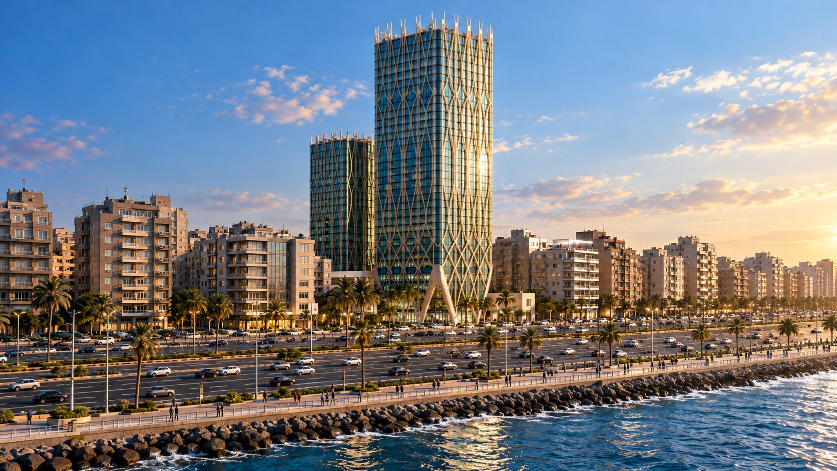 The Jewel of Cleopatra: twin lattice-wrapped towers on the Alexandria seafront