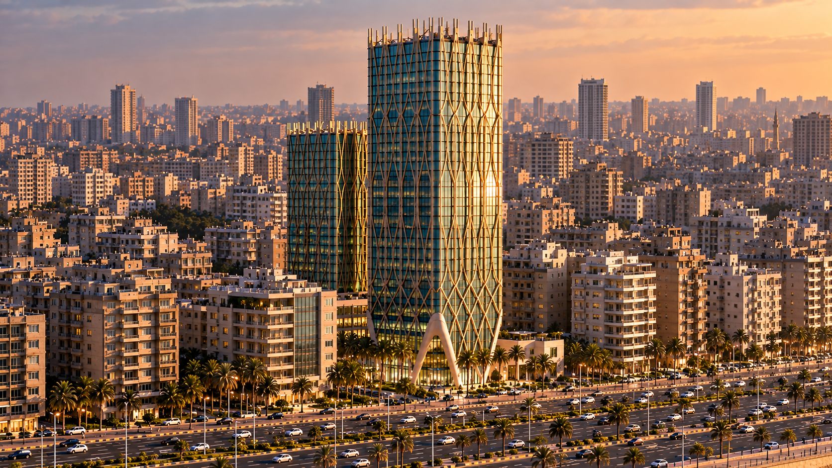 The Jewel of Cleopatra: twin lattice-wrapped towers on the Alexandria seafront