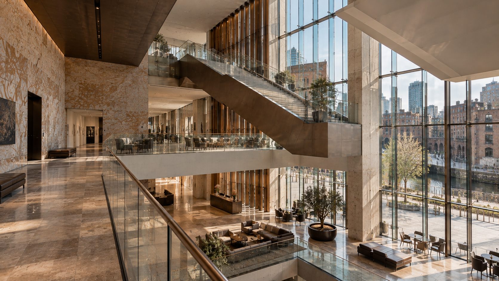 The Living Archive: a stone and bronze cultural centre with a cantilevered gallery beside the Castlefield canal in Manchester