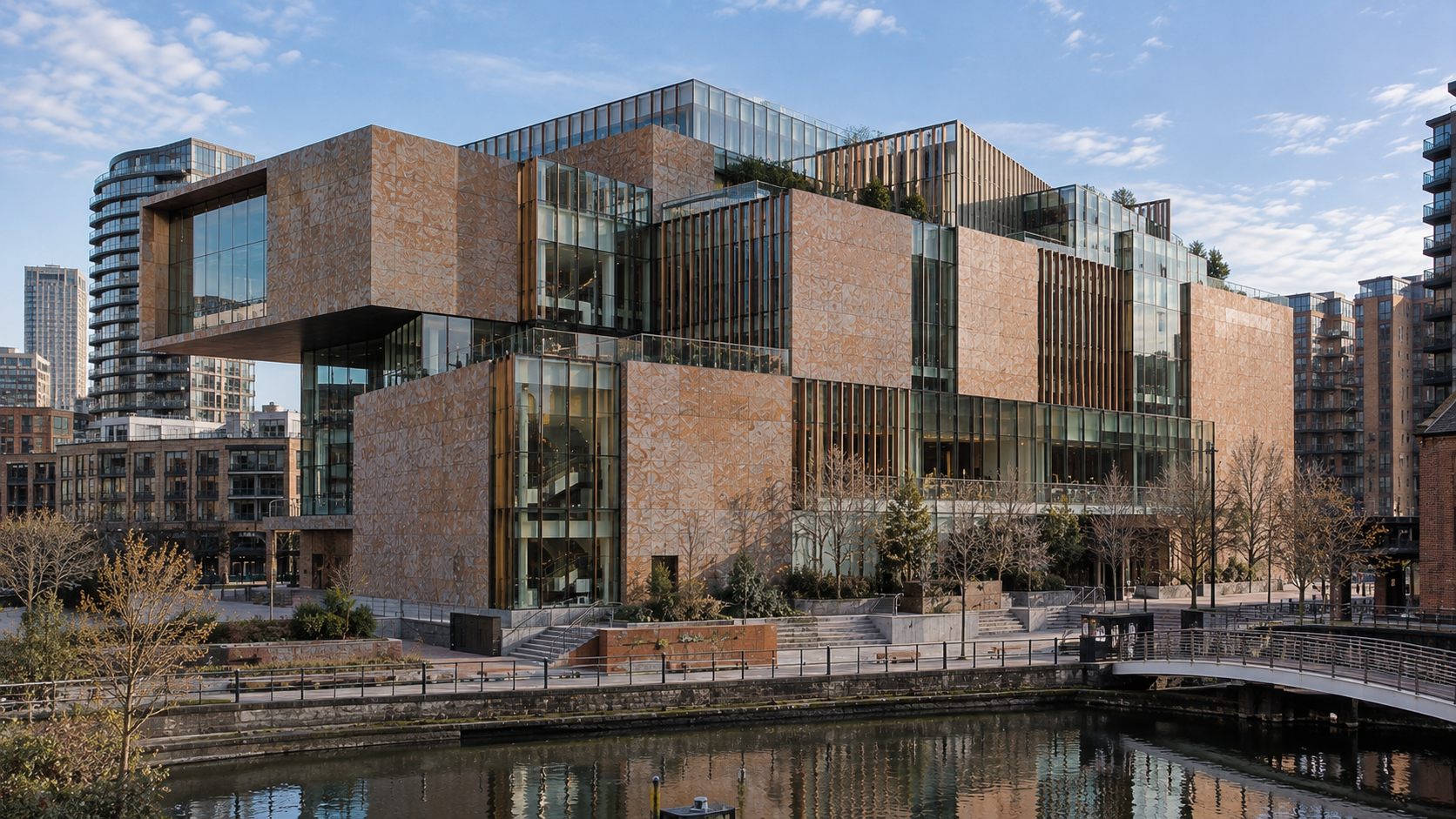 The Living Archive: a stone and bronze cultural centre with a cantilevered gallery beside the Castlefield canal in Manchester
