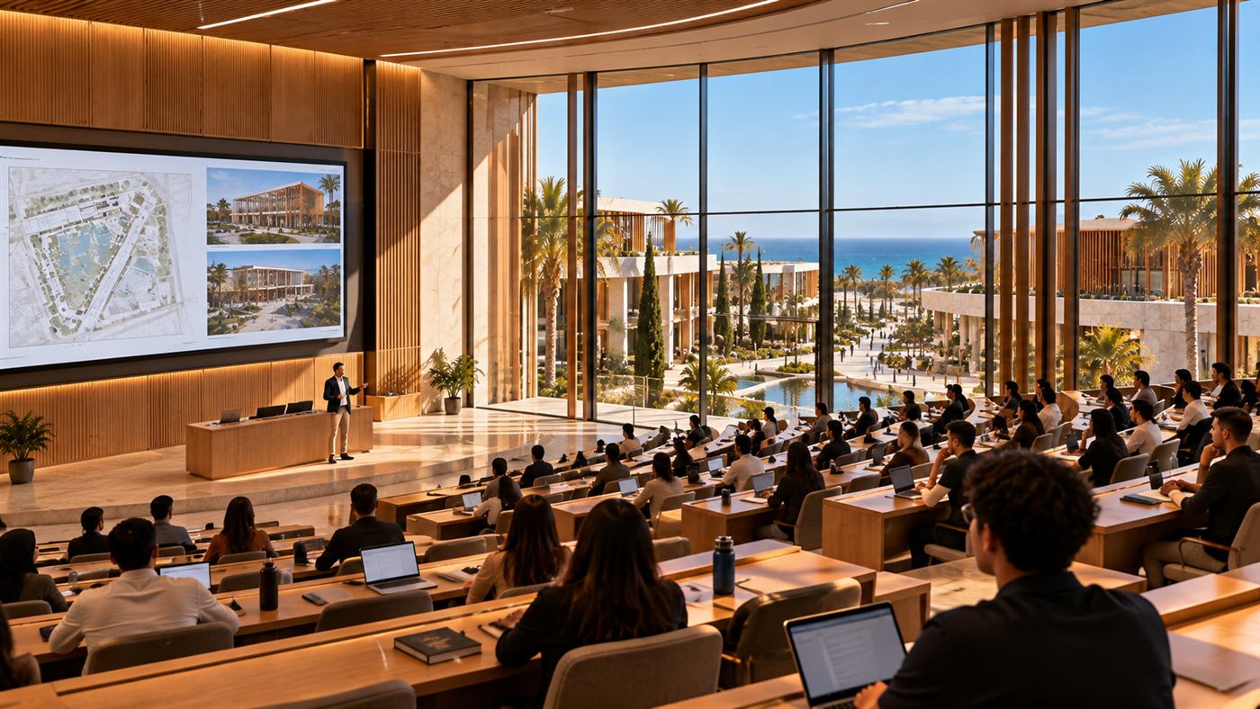 The Museion Institute: a lecture hall looking to the sea