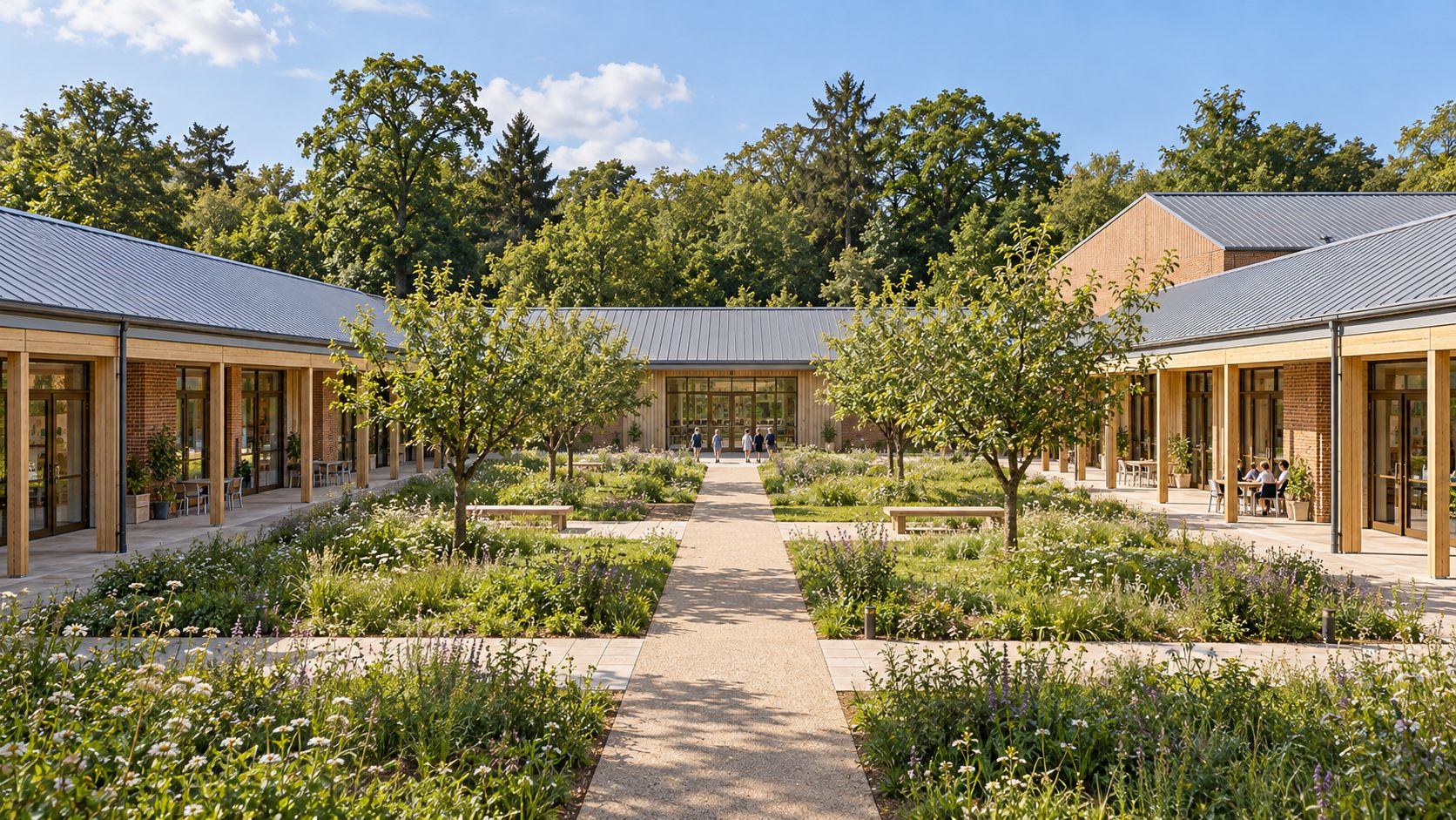 The Orchard School: a single-storey brick and timber primary school with zinc roofs around an orchard garden in Surrey