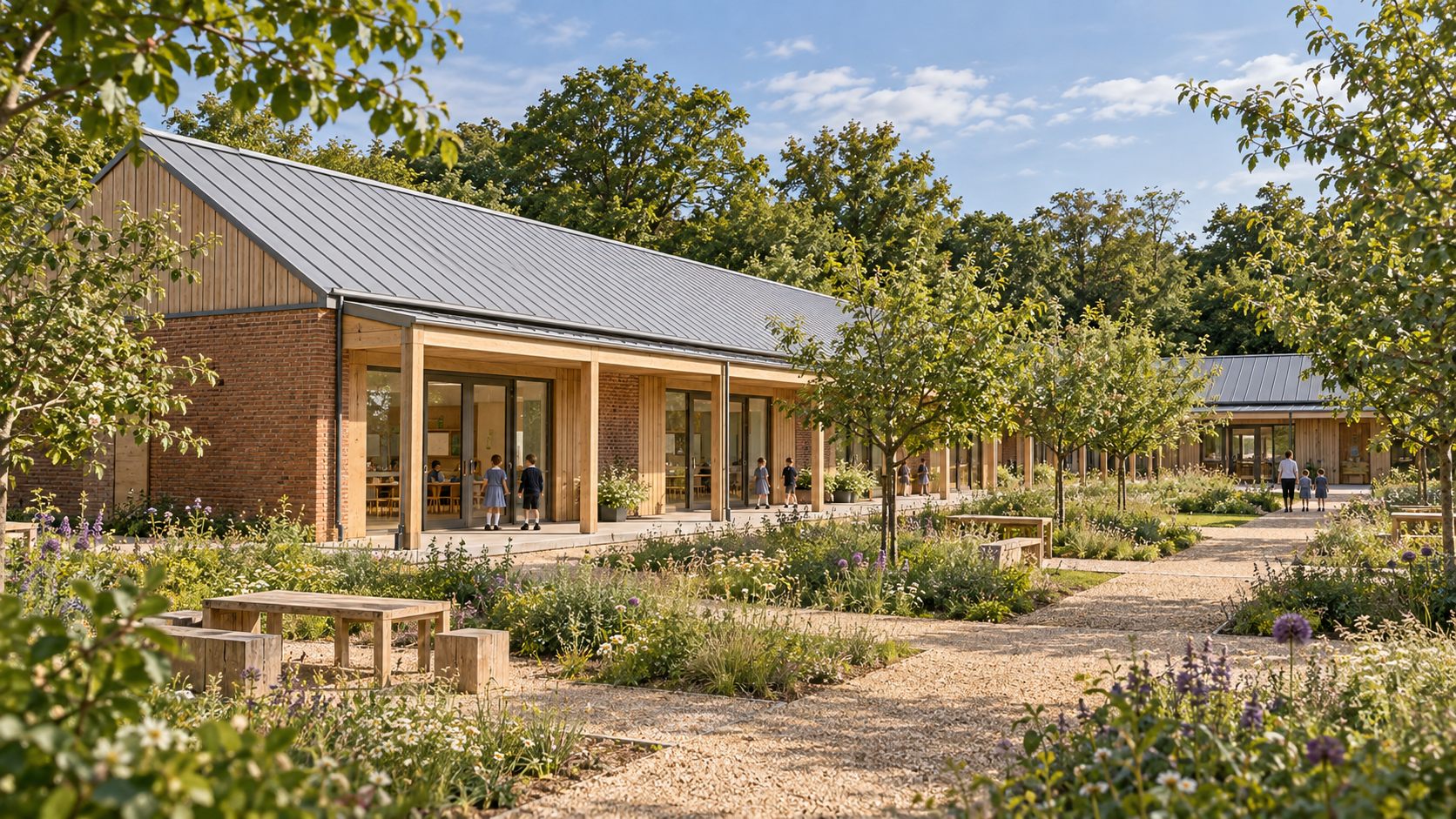 The Orchard School: a single-storey brick and timber primary school with zinc roofs around an orchard garden in Surrey