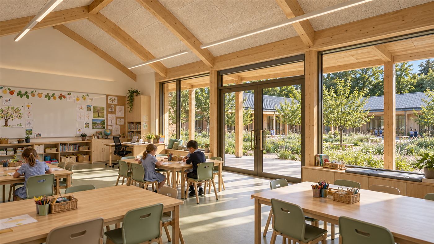 The Orchard School: a single-storey brick and timber primary school with zinc roofs around an orchard garden in Surrey