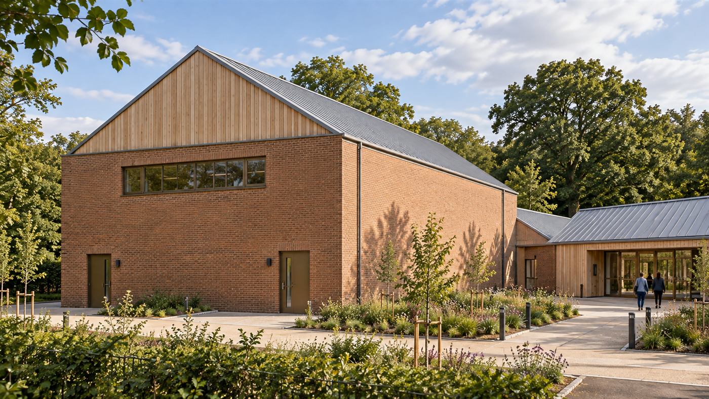 The Orchard School: the classroom wings with covered terraces and the orchard
