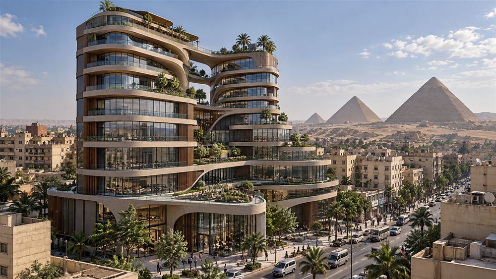 The View: a terraced, planted building looking toward the pyramids at Giza