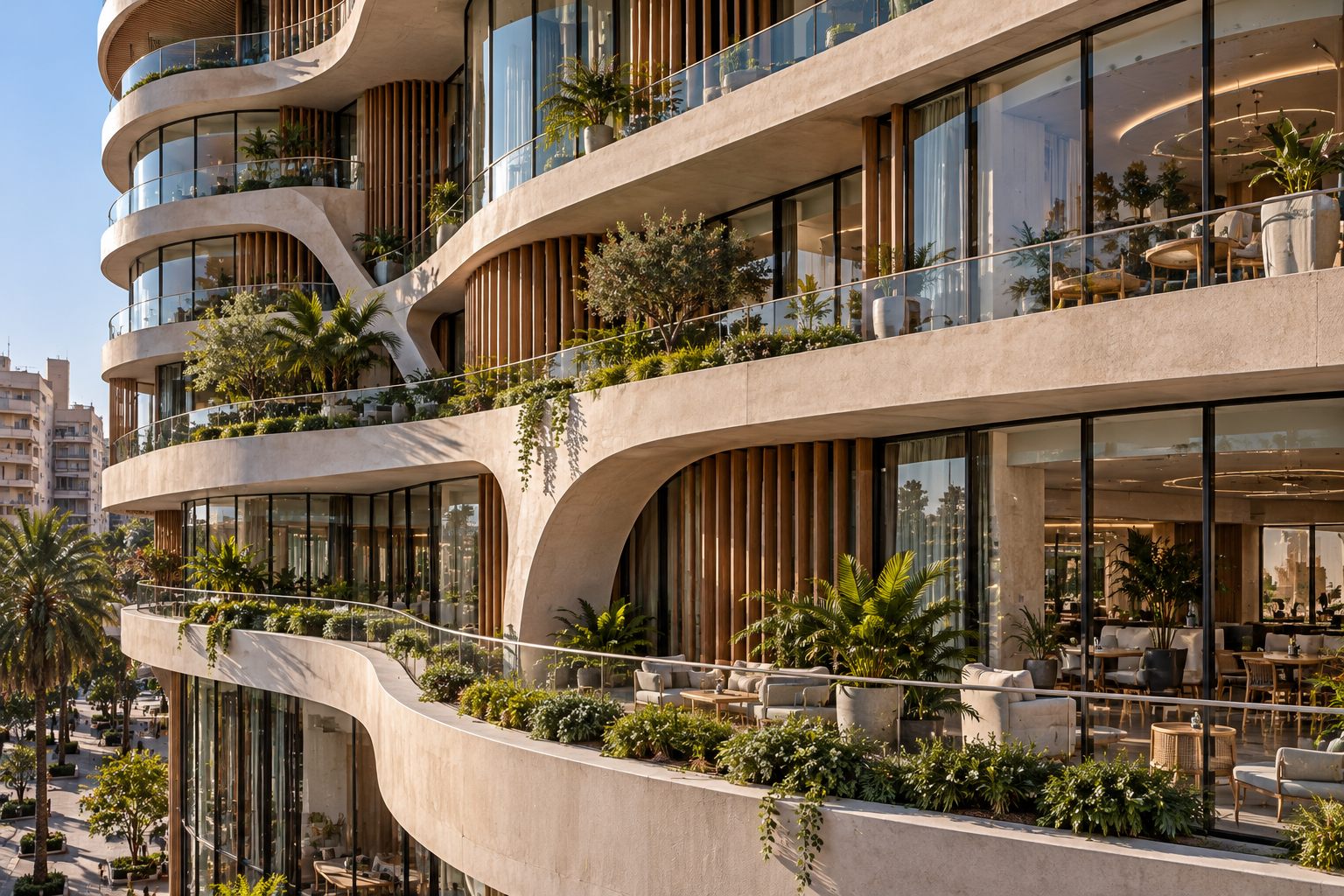 The View: a terraced, planted building looking toward the pyramids at Giza