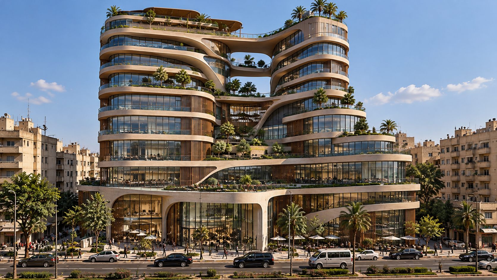 The View: a terraced, planted building looking toward the pyramids at Giza