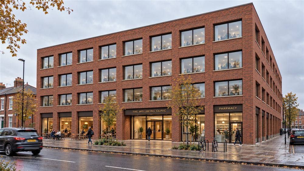 The Wellbeing Clinic: a red-brick community health centre with a glazed street front in Manchester