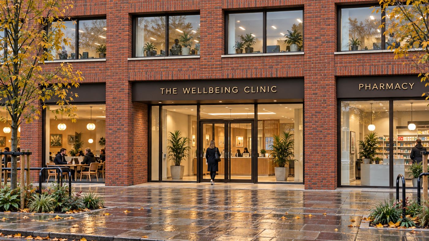 The Wellbeing Clinic: a red-brick community health centre with a glazed street front in Manchester
