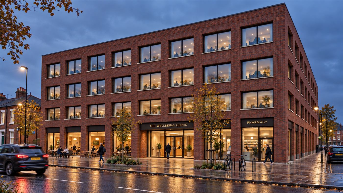 The Wellbeing Clinic: the main entrance and pharmacy on a wet evening
