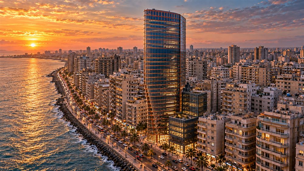 Thuraya Tower: a slender glass tower on the Alexandria corniche at sunset