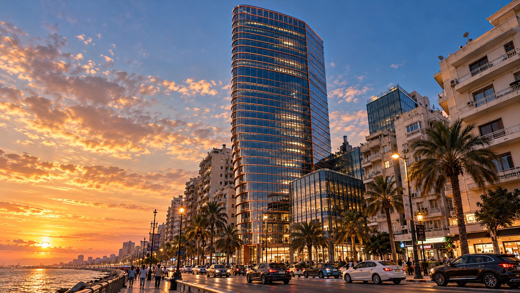 Thuraya Tower: a slender glass tower on the Alexandria corniche at sunset