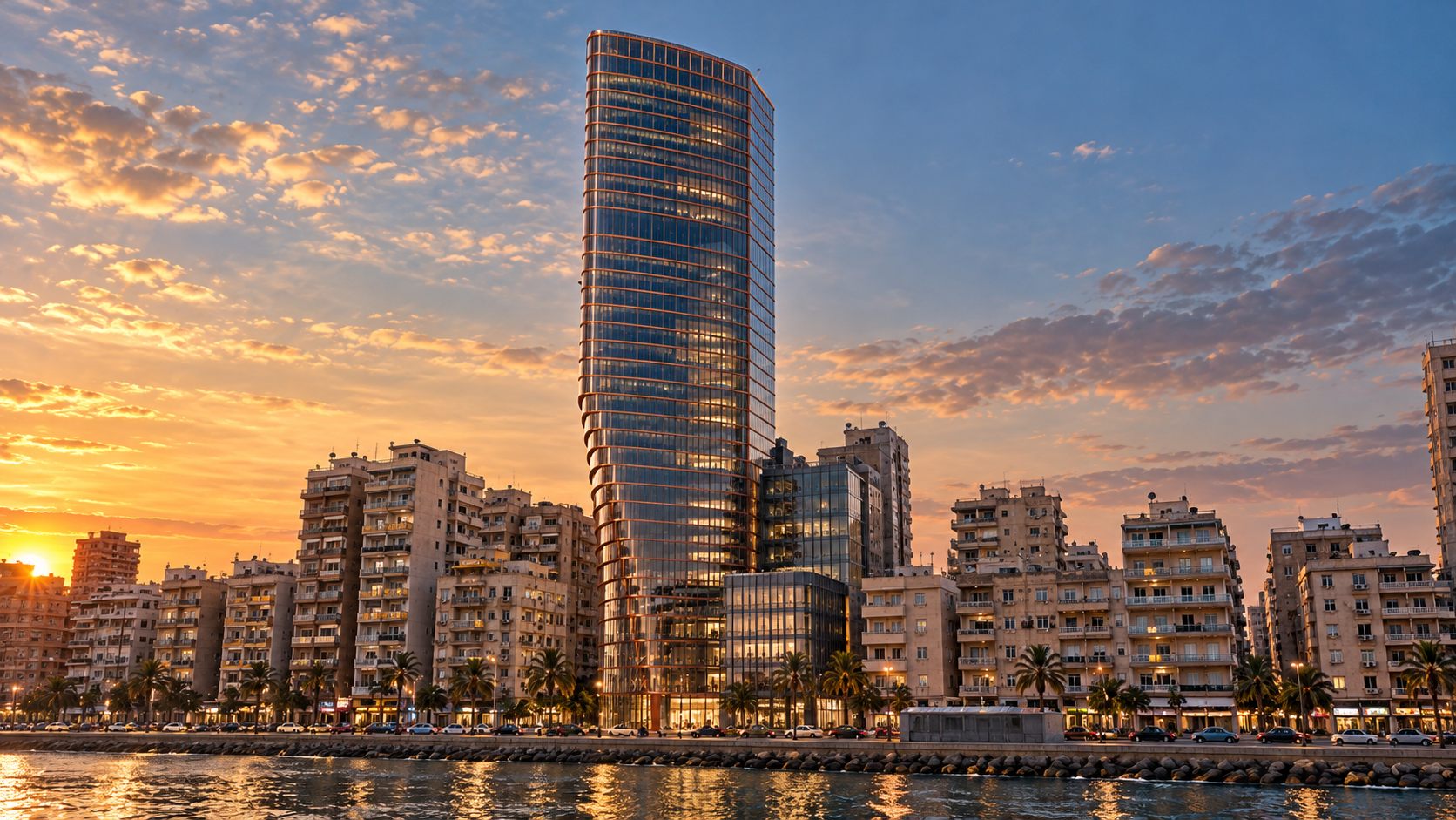 Thuraya Tower: a slender glass tower on the Alexandria corniche at sunset