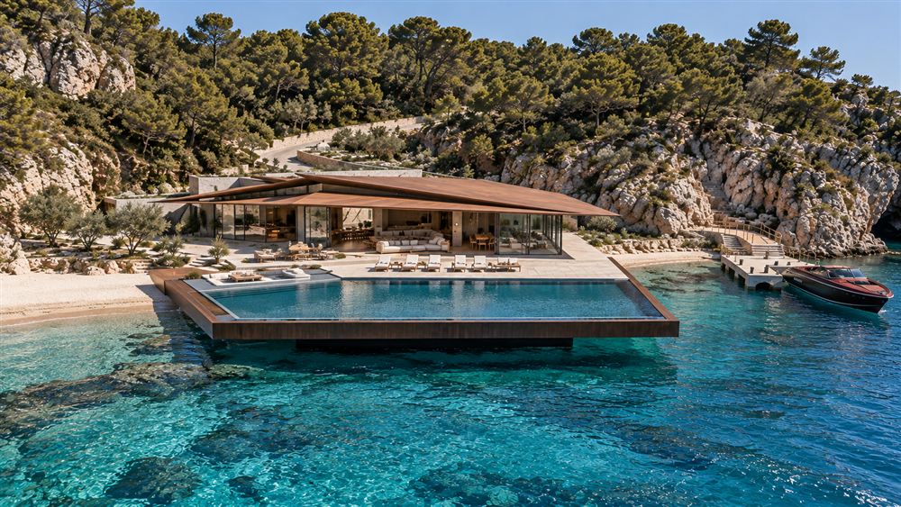 Villa Eudora: a low timber-roofed villa and infinity pool in a rocky cove