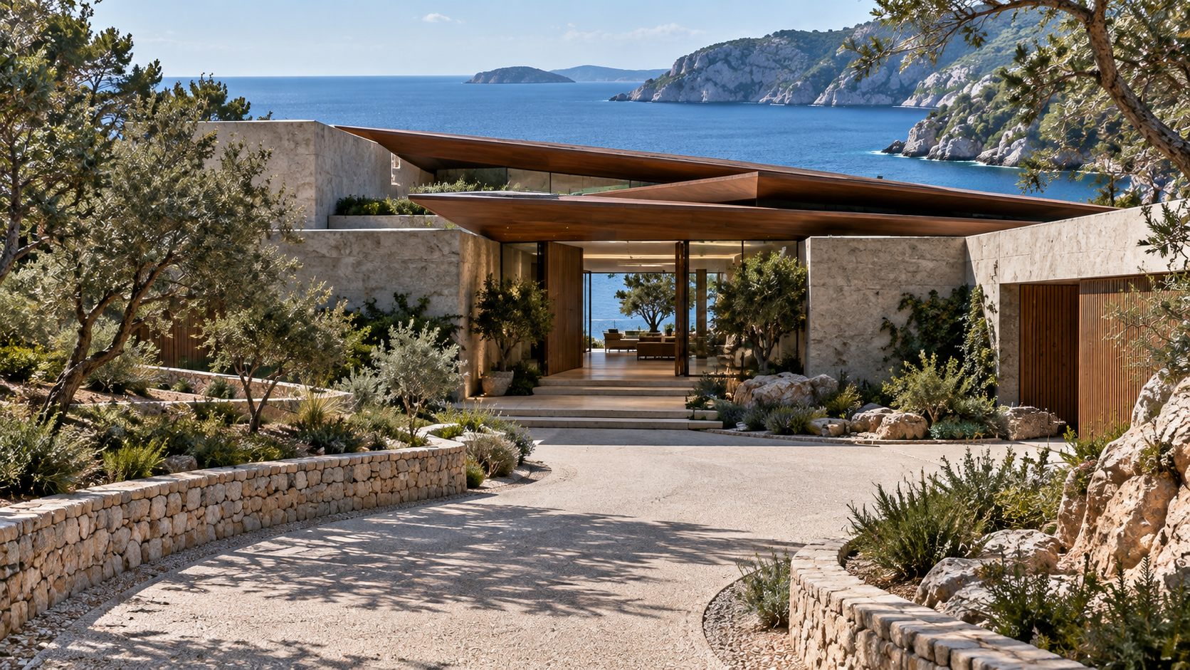 Villa Eudora: a low timber-roofed villa and infinity pool in a rocky cove