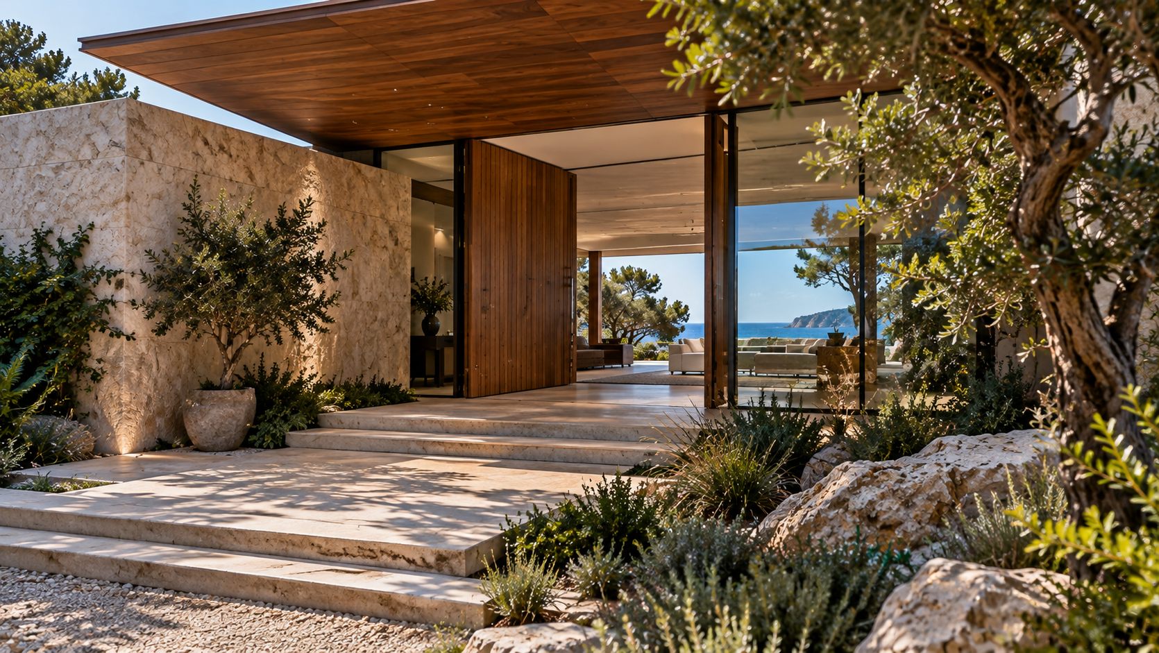 Villa Eudora: a low timber-roofed villa and infinity pool in a rocky cove
