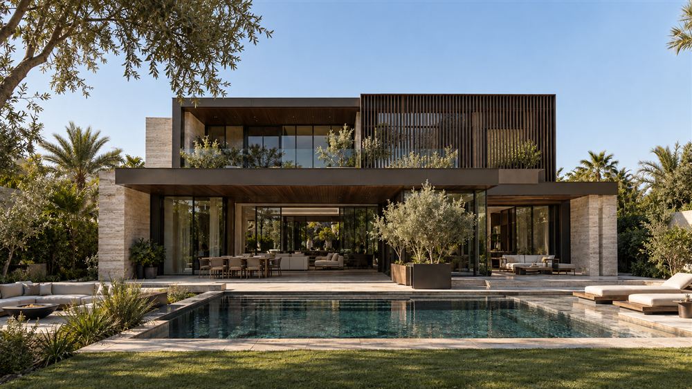 Villa Five: a travertine and bronze villa with a pool and olive trees in the UAE