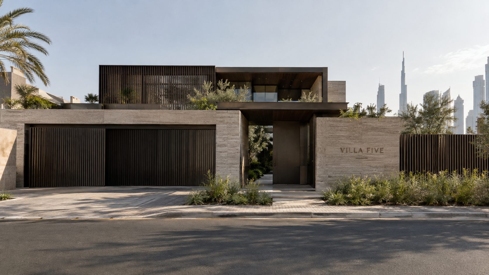 Villa Five: a travertine and bronze villa with a pool and olive trees in the UAE