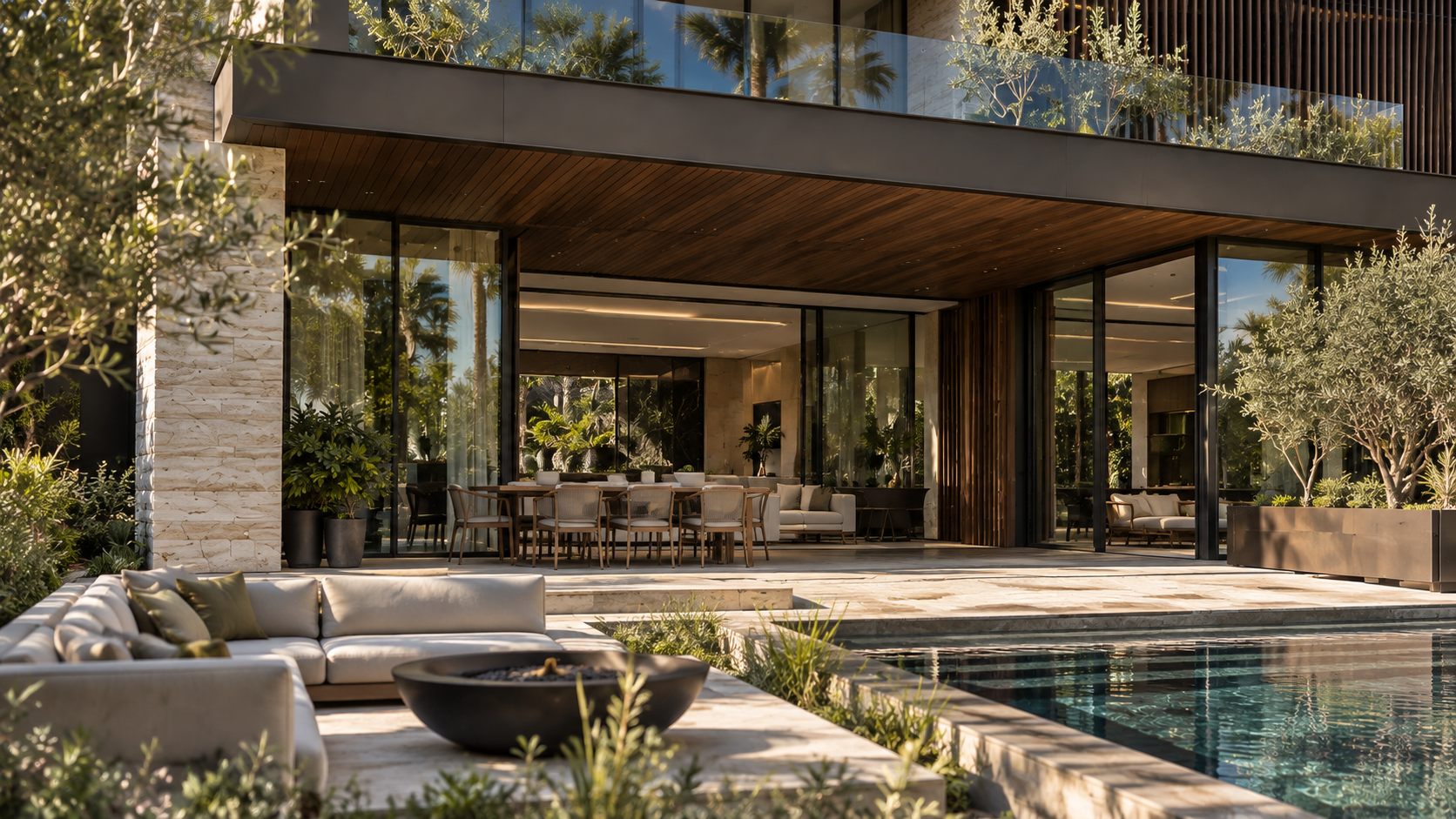 Villa Five: a travertine and bronze villa with a pool and olive trees in the UAE