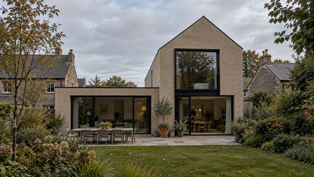Village Home: a pale brick gabled house behind a dry-stone wall in an English village