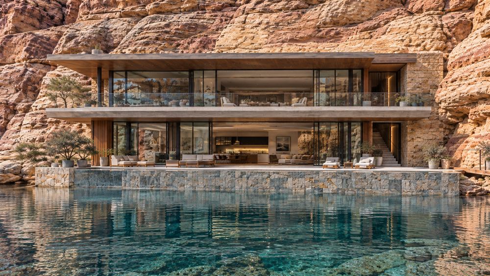 Wadi Villa: a house set into a canyon wall above still water