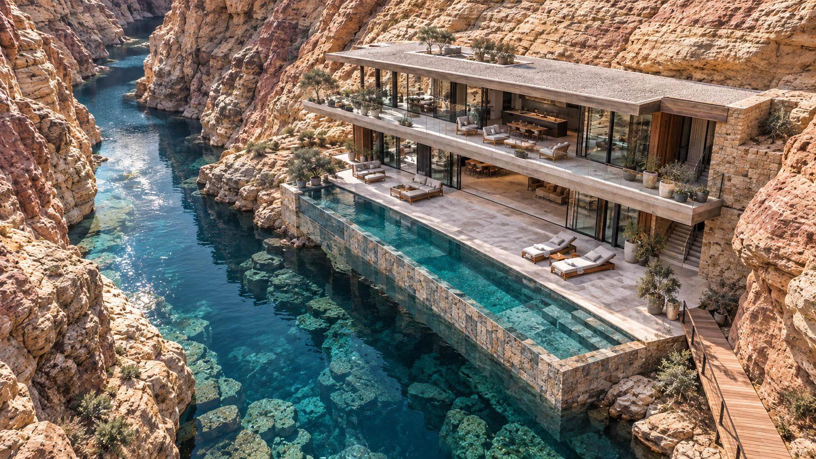 Wadi Villa: a house set into a canyon wall above still water