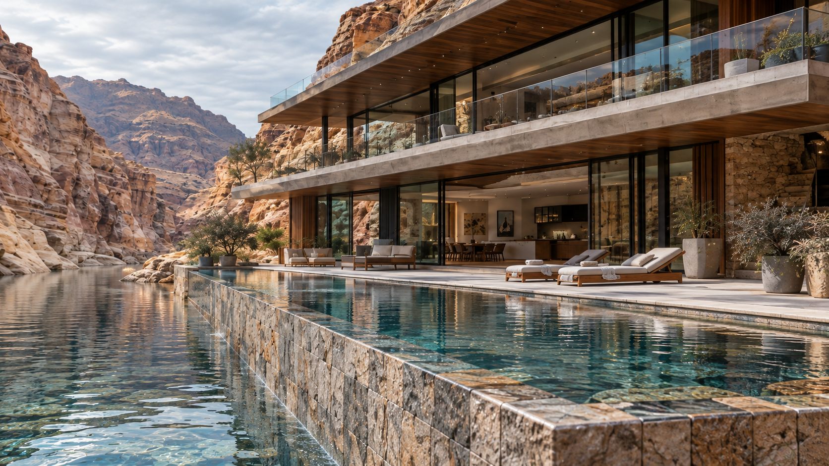 Wadi Villa: a house set into a canyon wall above still water